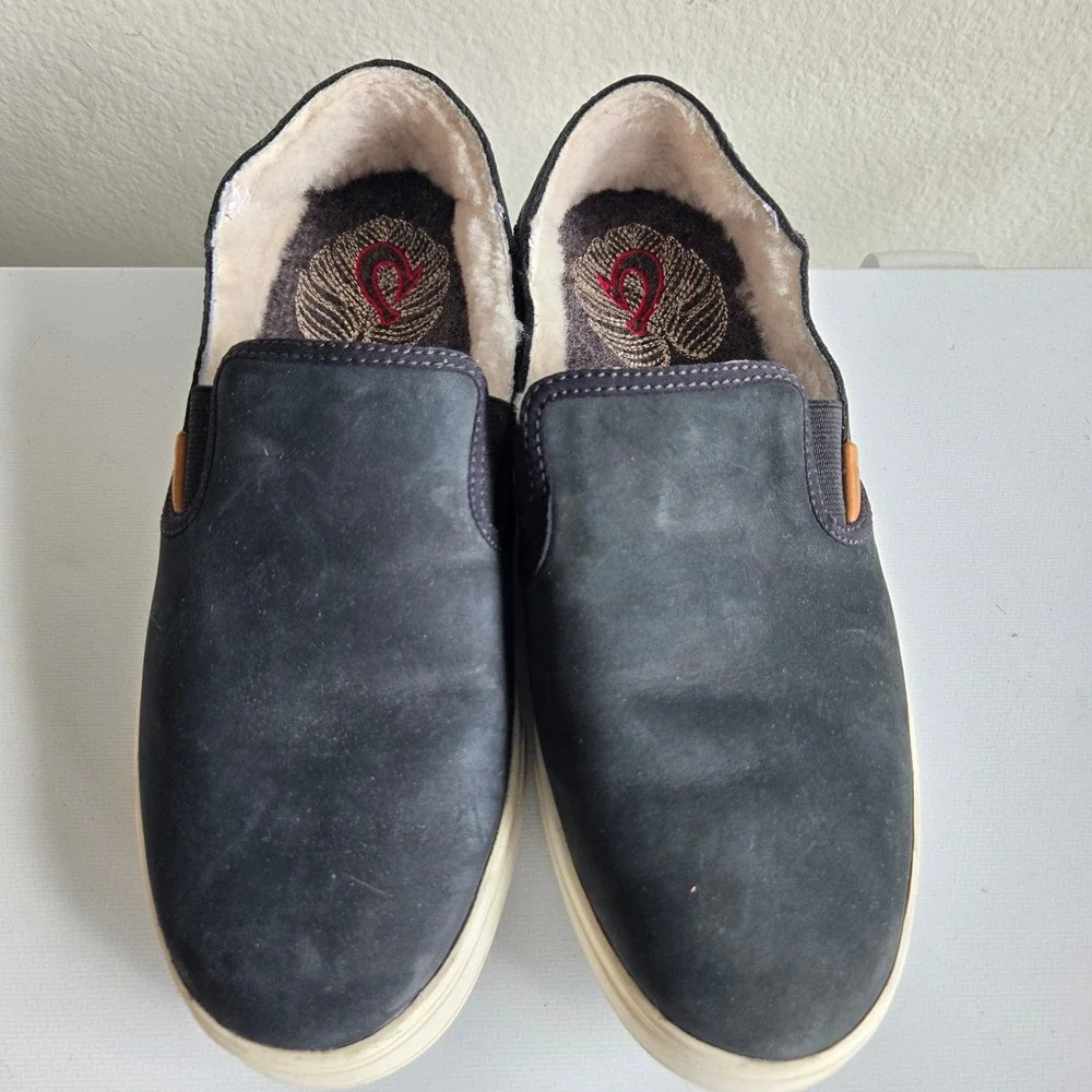 Olukai Pehuea Heu Black Leather Shearling Lined Slip On‎ Sneakers Womens 8 20391